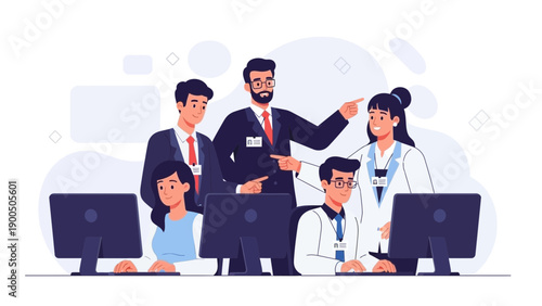 Teamwork in office: Manager leading diverse employees working on computers