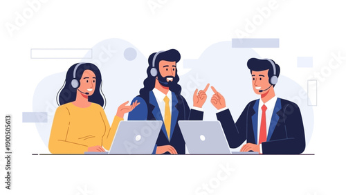 Diverse customer service team working together with laptops and headsets