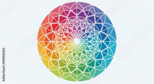 Vibrant rainbow geometric pattern with sacred geometry design elements on white background