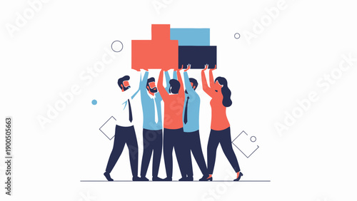 Teamwork carrying blocks, people working together, collaboration, unity, success