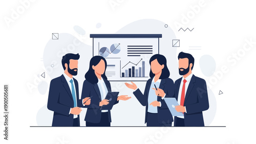 Diverse business team discussing financial charts on presentation board