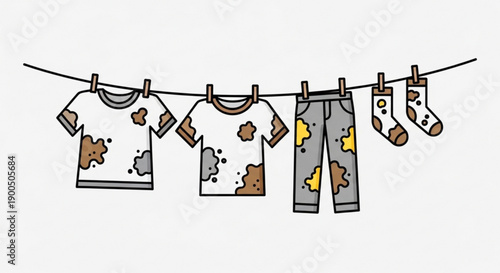 Dirty baby clothes with stains hanging on a line to dry illustrating laundry and childcare routine