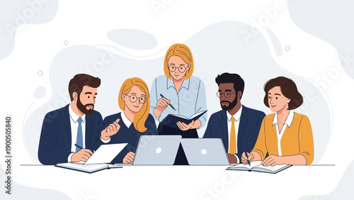 Diverse business team collaborating on project, brainstorming ideas at table with laptops