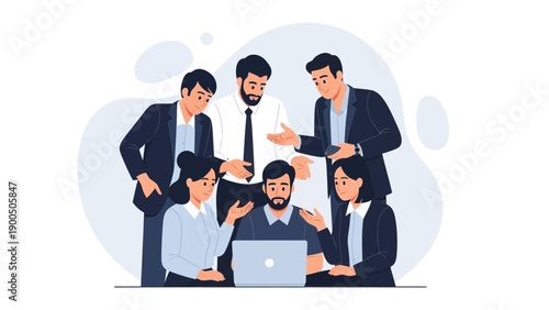 Diverse team collaborating on a project around a laptop, brainstorming ideas in office setting.