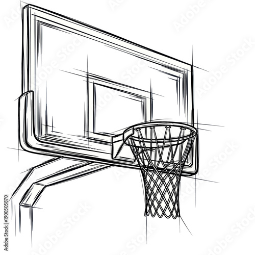 Basketball hoop sketch, backboard and net, sports equipment drawing