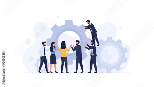 Teamwork concept, business people collaborating with gears, unity and synergy