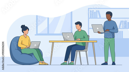 Modern education scene with people working on laptops in a contemporary learning environment