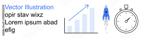 Business growth, time tracking, innovative solutions, performance, productivity, planning. Rocket launching upward, bar graph and stopwatch. Growth planning and time tracking