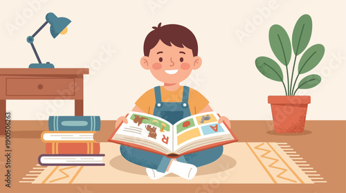 A joyful young boy immersed in reading a colorful open book, surrounded by a cozy room with a lamp and plant