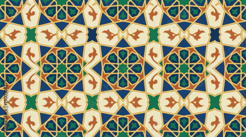 Seamless Geometric Pattern with Intricate Islamic Art Motifs, Featuring Repeating Stars and Polygons in a Traditional Decorative Vector Style