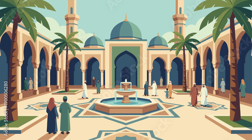 Serene Islamic Courtyard Illustration with Mosque and Fountain, Depicting Traditional Life and Architectural Beauty in a Flat Vector Style