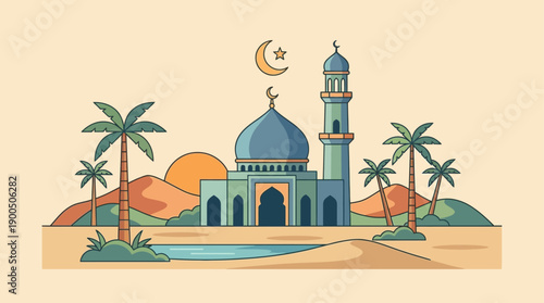Flat vector desert landscape illustration with a majestic mosque, palm trees, oasis, and sunset