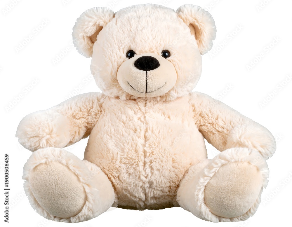 Obraz premium A soft, fluffy, beige teddy bear sits with arms and legs outstretched, face turned toward the viewer, smiling gently