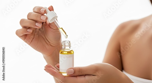 Woman Hands Holding Dropper Bottle With Yellow Serum For Skincare Routine In Soft Studio Lighting