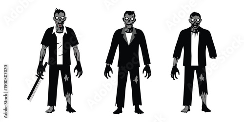 Black and white zombie silhouette set, scary undead men in suits for horror design