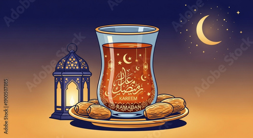 Ramadan kareem illustration with glass of tea lantern and dates at night