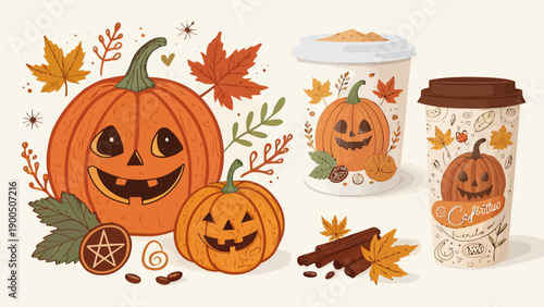 Autumn pumpkin spice coffee cups with fall leaves and cinnamon sticks