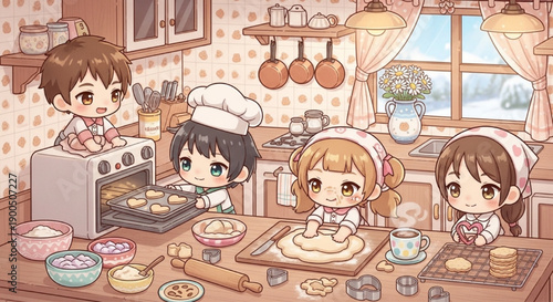 Cute kids baking heart cookies for Valentine