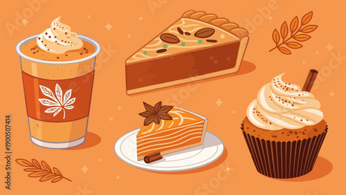 Delicious autumn treats with pumpkin pie, cupcake, and coffee