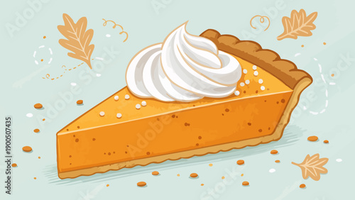 Delicious slice of pumpkin pie with whipped cream topping