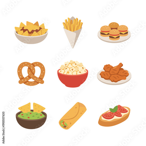 Flat Style Delicious Variety of Snack and Appetizer Food Illustration