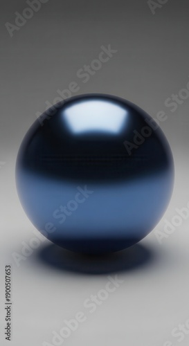 Smooth, highly reflective, dark blue sphere rests upon a neutral surface with soft  lighting.