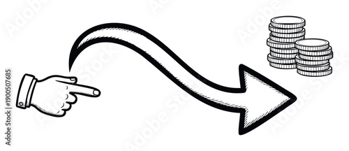Hand pointing with an arrow towards stacked coins symbolizing financial direction, investment growth, or income generation for business and economic concepts.