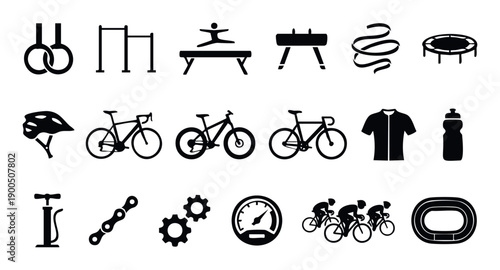Sports equipment and athletic activity icons for gymnastics and cycling featuring various gear, apparatus, and bikes, ideal for fitness applications and sportsthemed content.