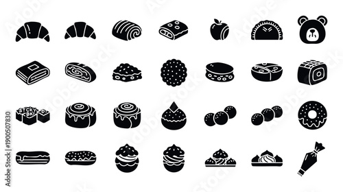 Diverse assortment of pastry and dessert symbols featuring croissants, cakes, donuts, and muffins, ideal for digital media, culinary blogs, and sweet treat promotions.