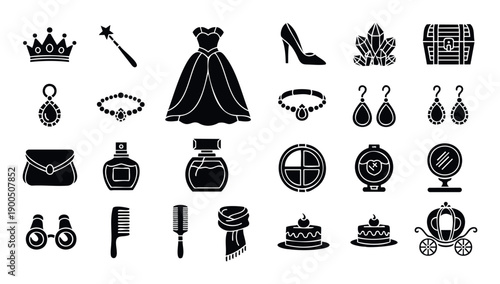 Collection of princess and fairy tale related glyph icons including crowns magic wands dresses jewelry and carriages perfect for celebrations and luxury events