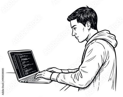 Focused young male coder typing on a laptop, engaged in software development or online learning, ideal for technology education and modern work concepts