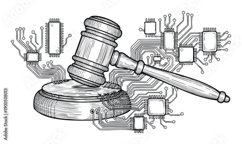 Judges gavel and electronic circuit board elements symbolizing technology law and digital justice for legal and tech industry content