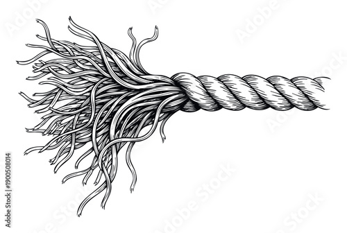 Detailed illustration of a robust fiber rope transitioning from a tightly twisted and strong structure to a completely unraveled and frayed end, suitable for conveying concepts of strength,