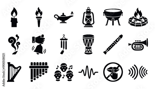Collection of various light sources including candle, torch, oil lamp, lantern, campfire, and musical instruments like drum, flute, trumpet, harp, pan pipes along with sound and silence