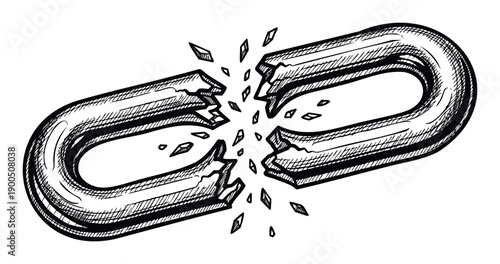 Hand drawn broken chain link symbolizing weakness and freedom, ideal for business failure, overcoming challenges, or personal liberation concepts.