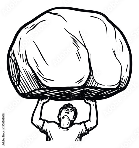 Strong individual lifts massive boulder, representing perseverance and physical power in a demanding situation for fitness and challenge related media projects.