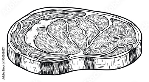 Line drawing depicting a cut of raw beef steak showing muscle fibers and marbling, ideal for culinary publications, meat market promotions, or cooking recipe layouts.