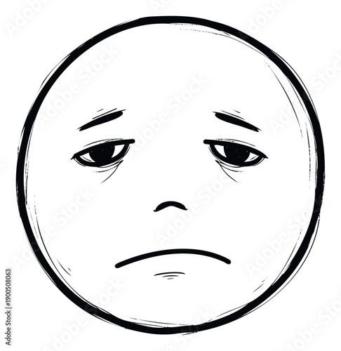 Gloomy human face doodle in a round frame portraying feelings of sadness and emotional distress, ideal for conveying mental health themes or difficult situations