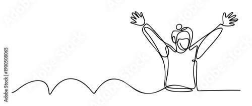 A dynamic continuous line drawing depicting a joyful person with arms raised in celebration, ideal for symbolizing success, freedom, and achievement in various marketing and educational