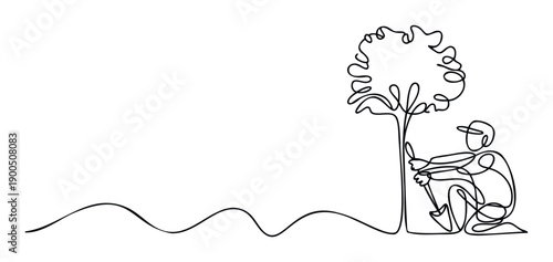 Minimalist one line drawing of a person planting a young tree with a shovel, representing environmental care and sustainable gardening for ecological and nature conservation projects