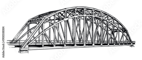 Technical drawing of a robust metal arch bridge featuring intricate truss framework and riveted connections suitable for infrastructure project visualizations and engineering presentations