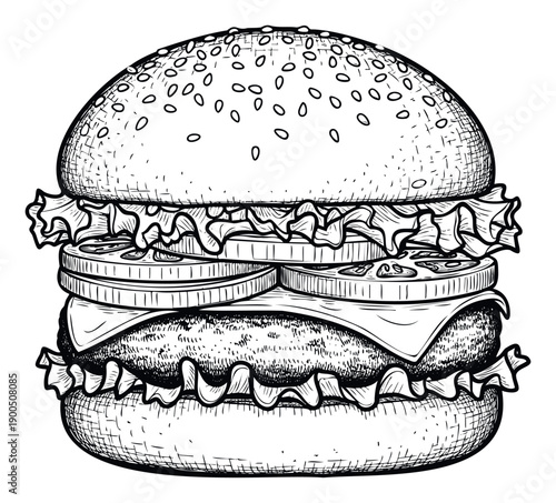 Detailed line drawing of a delicious gourmet hamburger with fresh vegetables and sesame seeds on the bun, perfect for restaurant menus, food blogs, or culinary promotions.