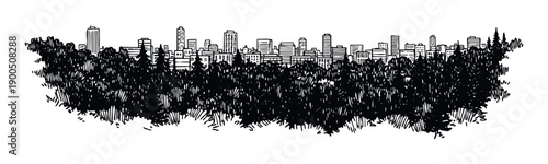 Hand drawn graphic representation of an urban metropolis skyline rising above a dense forest canopy symbolizing the coexistence of nature and civilization for environmental or architectural