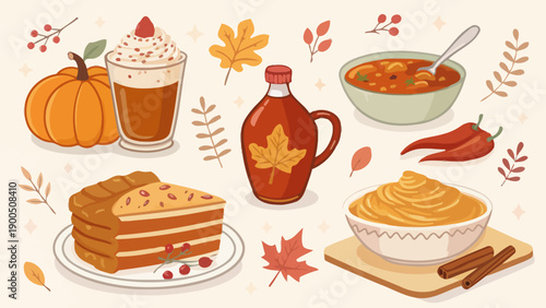 Cozy autumnal spread with pumpkin pie, soup, and maple syrup