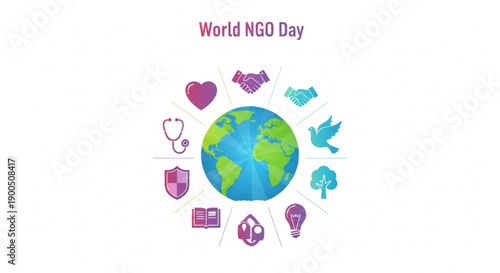 World ngo day icons around earth globe on white background