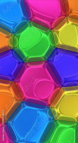 Vibrant, colorful polygonal shapes form an abstract, shimmering, repeating pattern background.