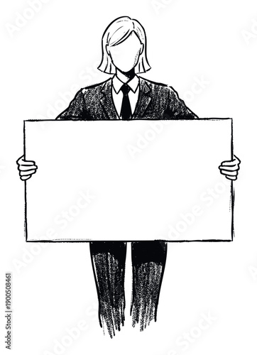 A professional business individual in a suit and tie holding an empty rectangular sign board ready for custom message, perfect for corporate communication, presentations, or informational
