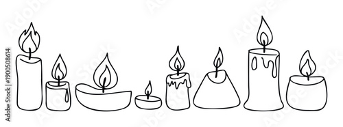 A continuous line drawing of various lit candles in different shapes and sizes perfect for use in spiritual content, celebration graphics, or peaceful decorative designs