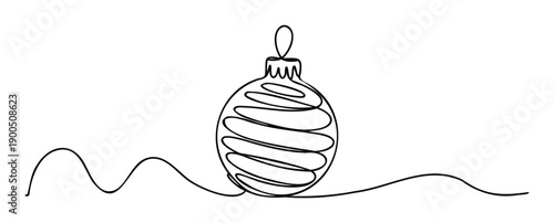 Continuous line drawing of a charming Christmas bauble with a festive swirling pattern, perfect for holiday greetings and seasonal event invitations.