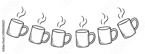 Hand drawn stylized mugs with hot steam graphic for culinary projects, beverage packaging, or cozy cafe themed visual materials